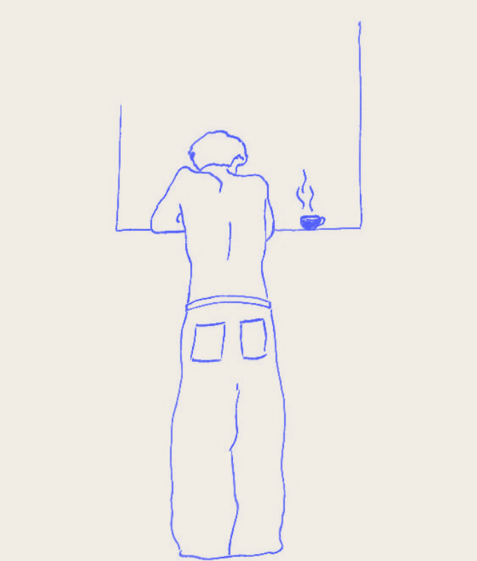 Illustration: Pawel lehnt mit Kaffee am Fenster